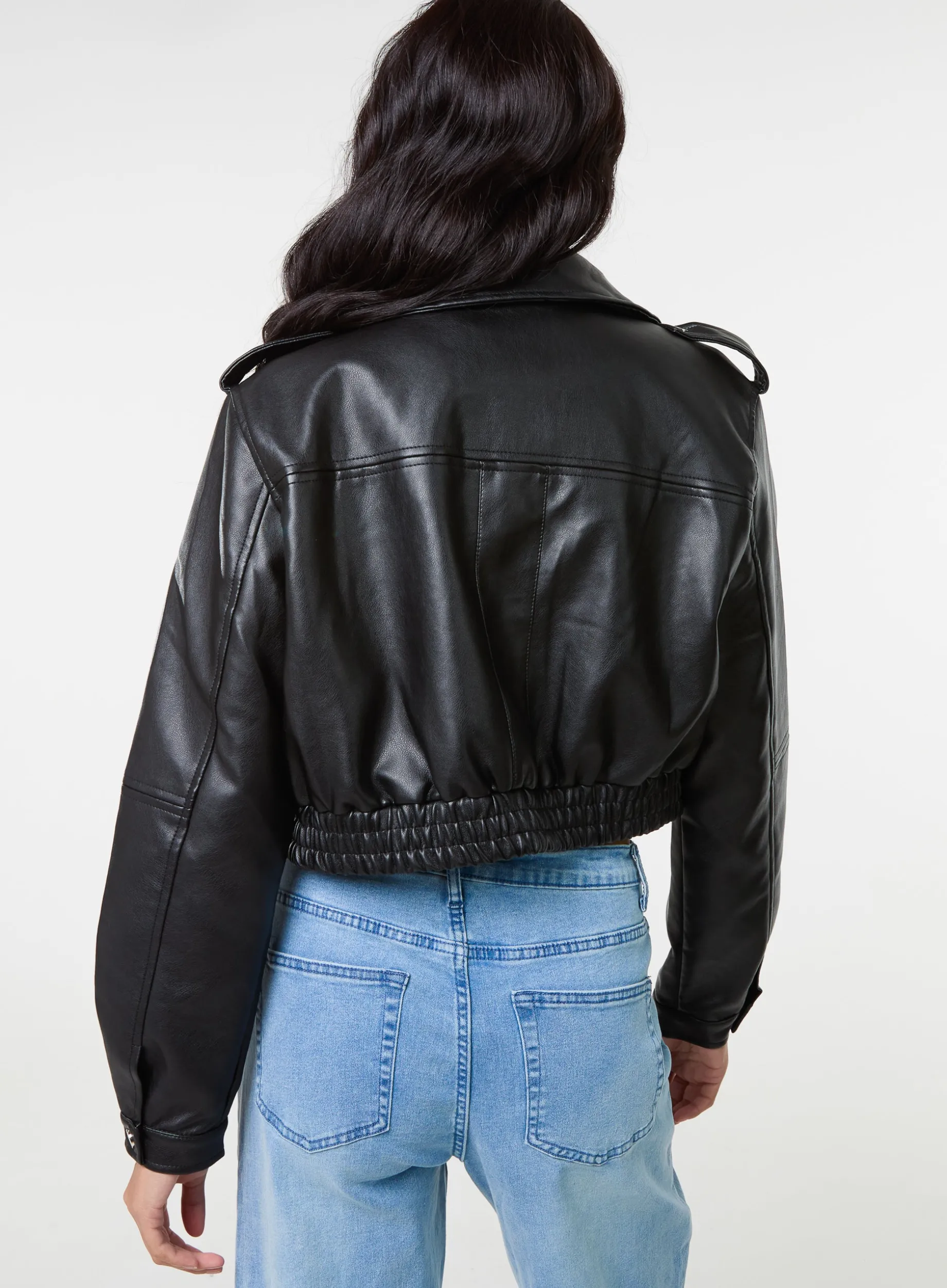 Pocket Detail PU Cropped Bomber Jacket