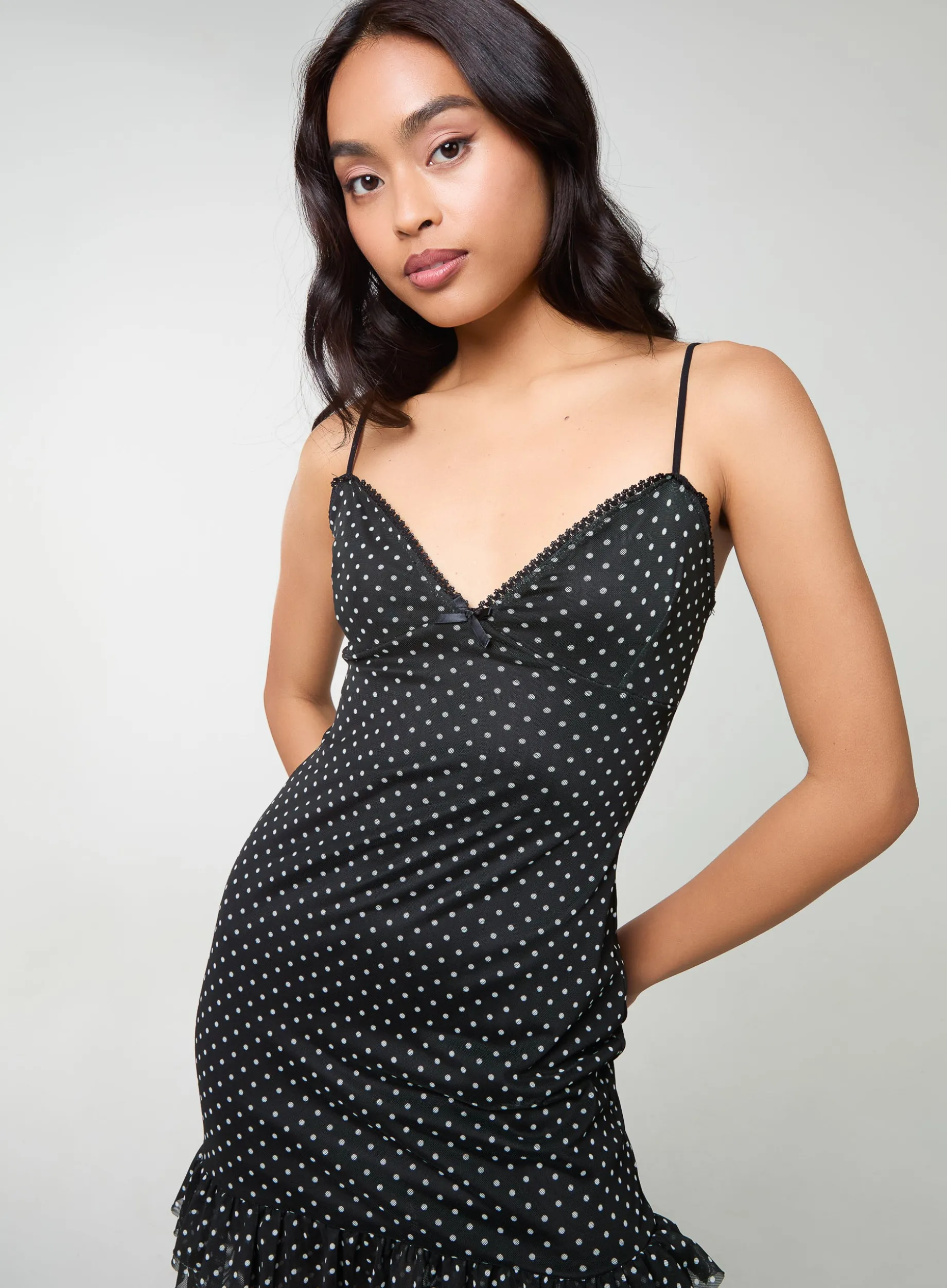 Polka Dot Mesh Cap Sleeve Mini Dress
