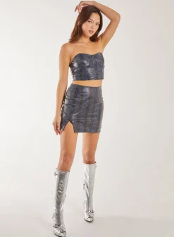 PU Snake Print Bandeau Mini Skirt With Split