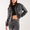 PU Utility Cropped Bomber Jacket