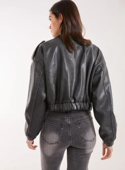 PU Utility Cropped Bomber Jacket
