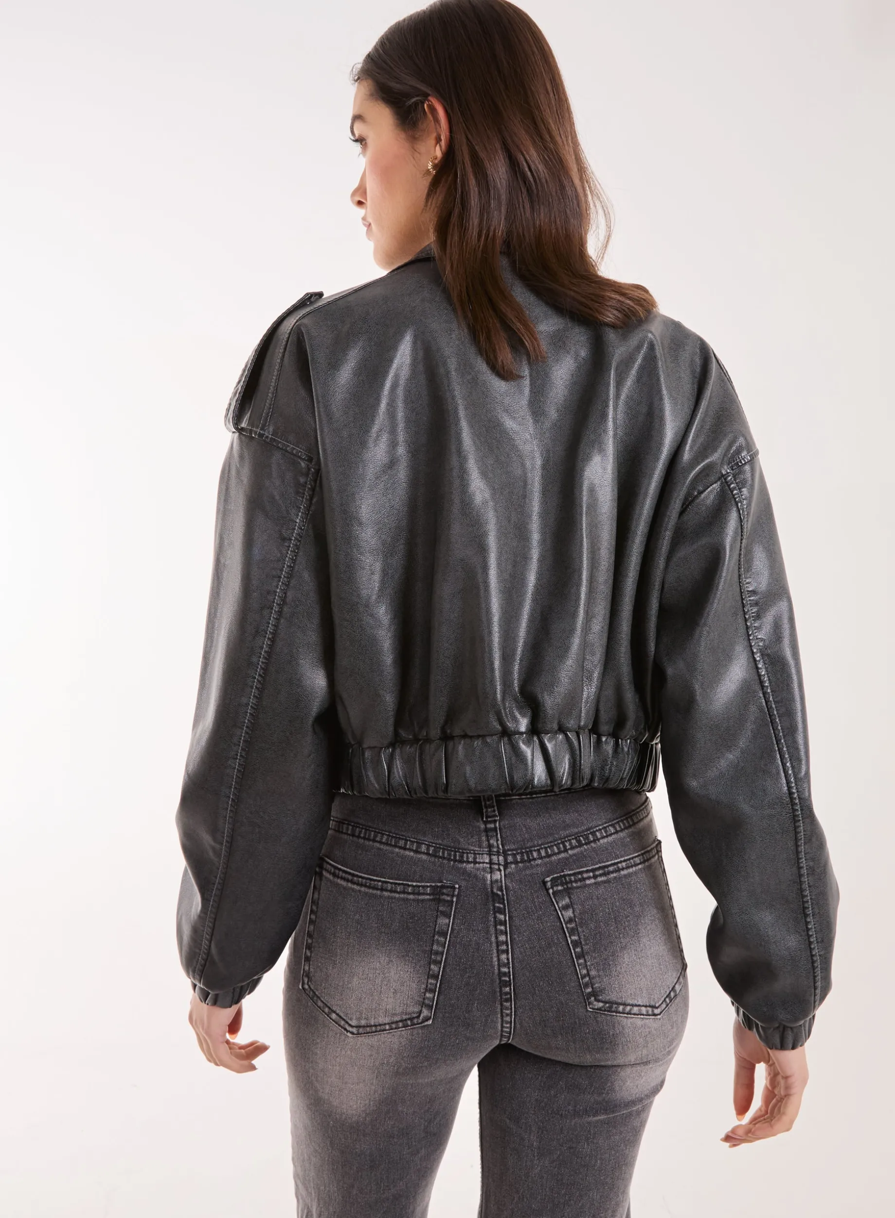 PU Utility Cropped Bomber Jacket