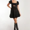 Puff Sleeve Peekaboo Tiered Mini Dress