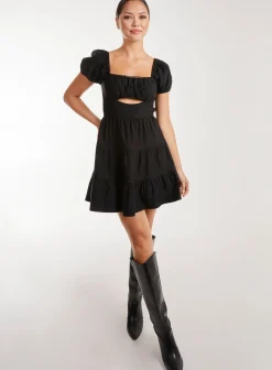 Puff Sleeve Peekaboo Tiered Mini Dress