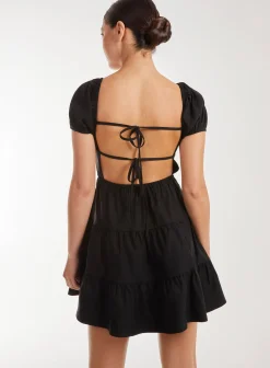 Puff Sleeve Peekaboo Tiered Mini Dress