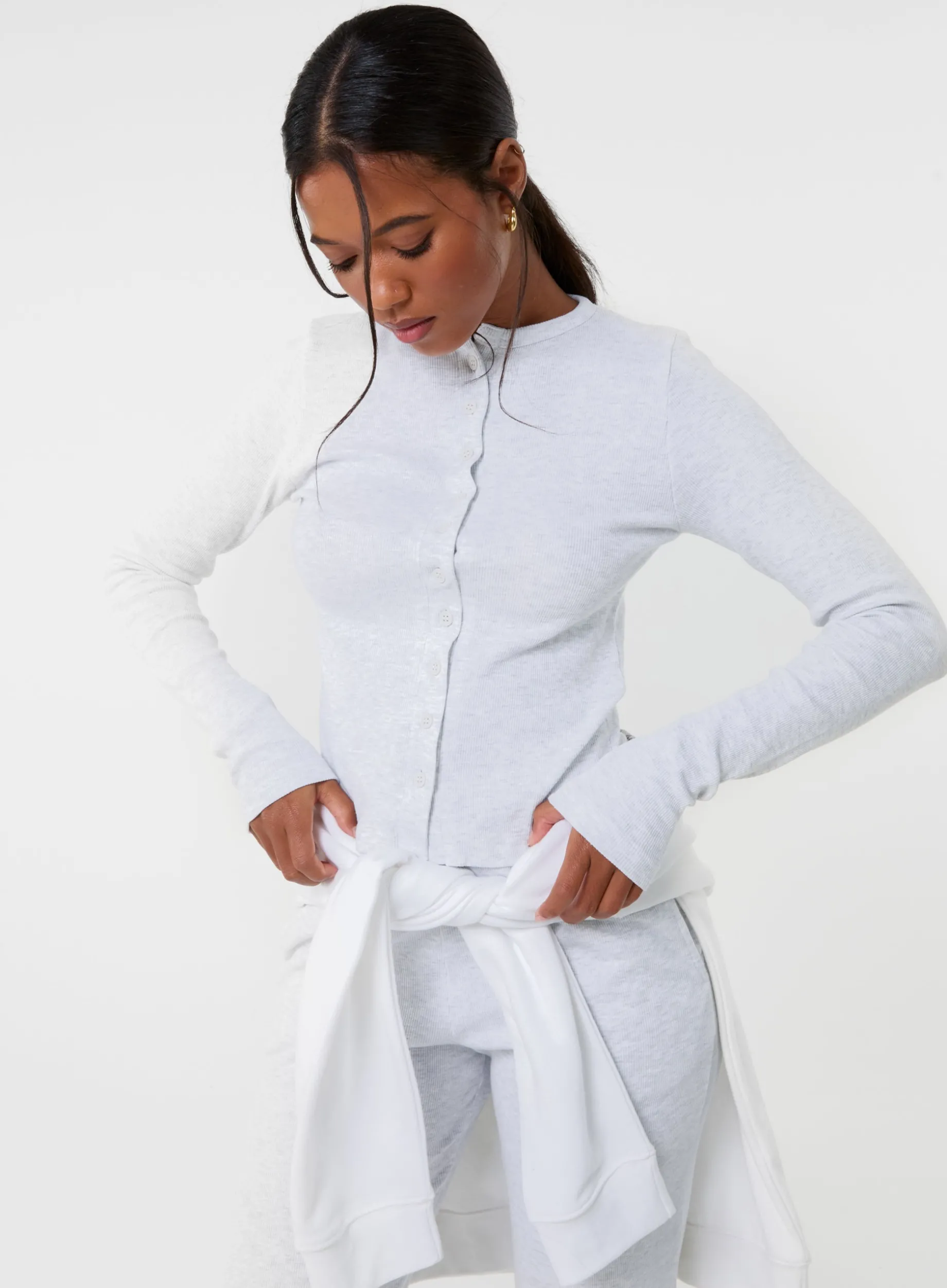 Ribbed Button Front Top