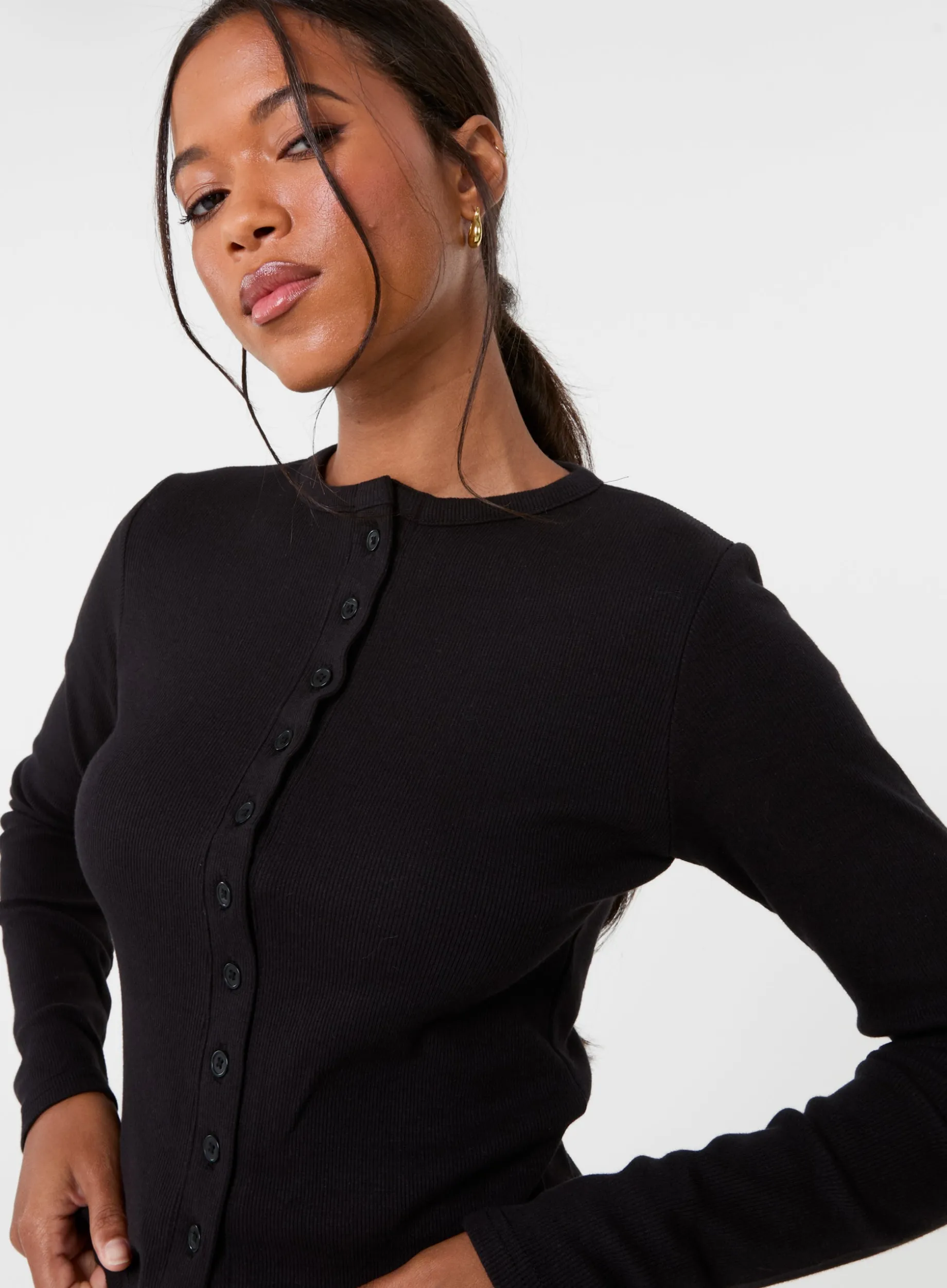 Ribbed Button Front Top