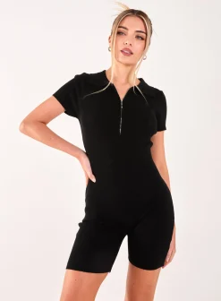 Ribbed Collar Zip Up Unitard