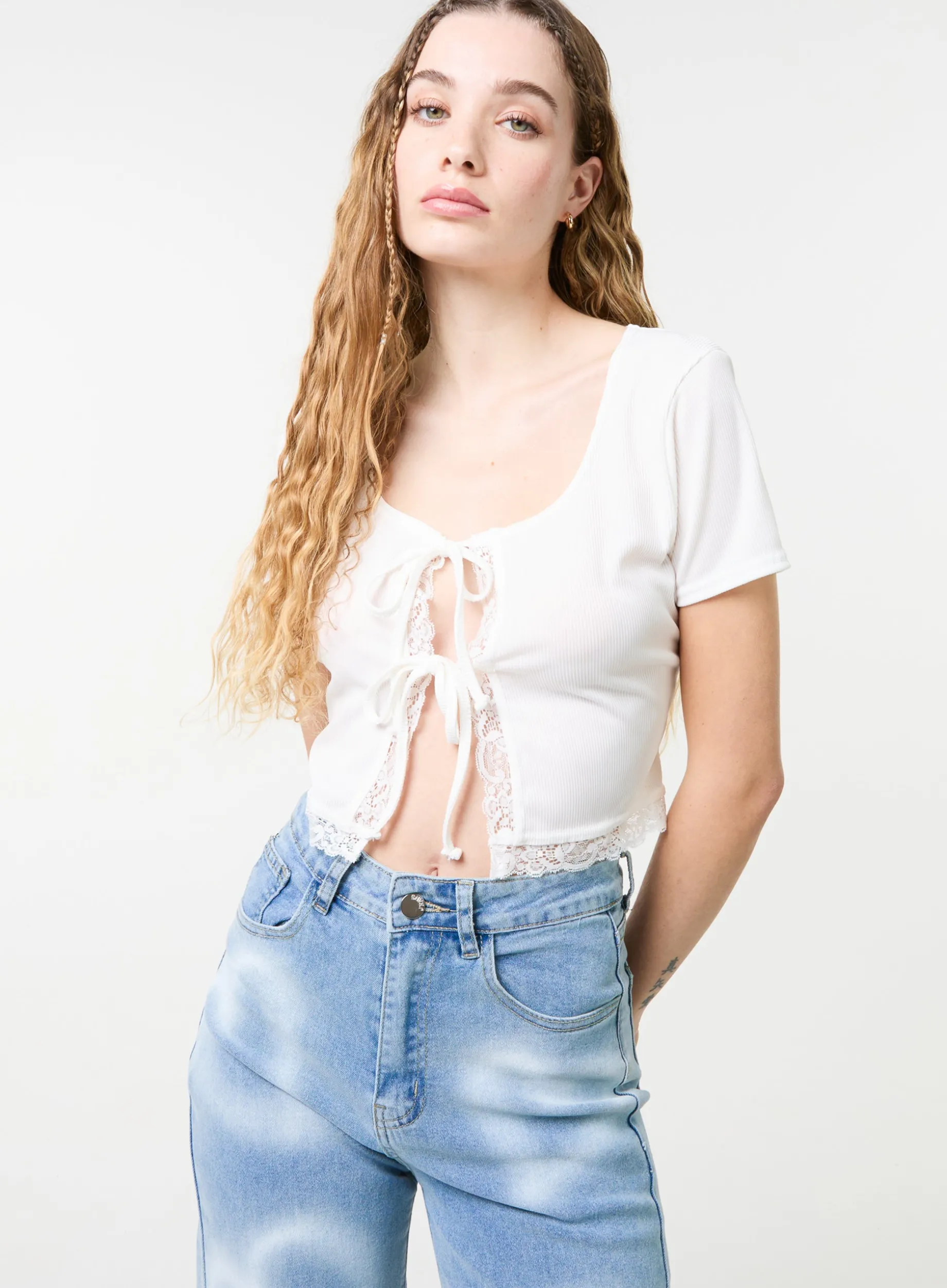 Ribbed Lace Tie Front Top