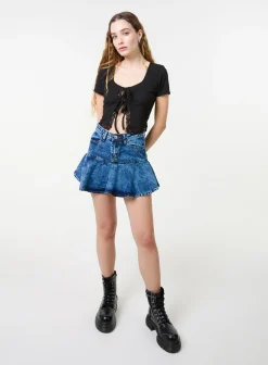 Ribbed Lace Tie Front Top