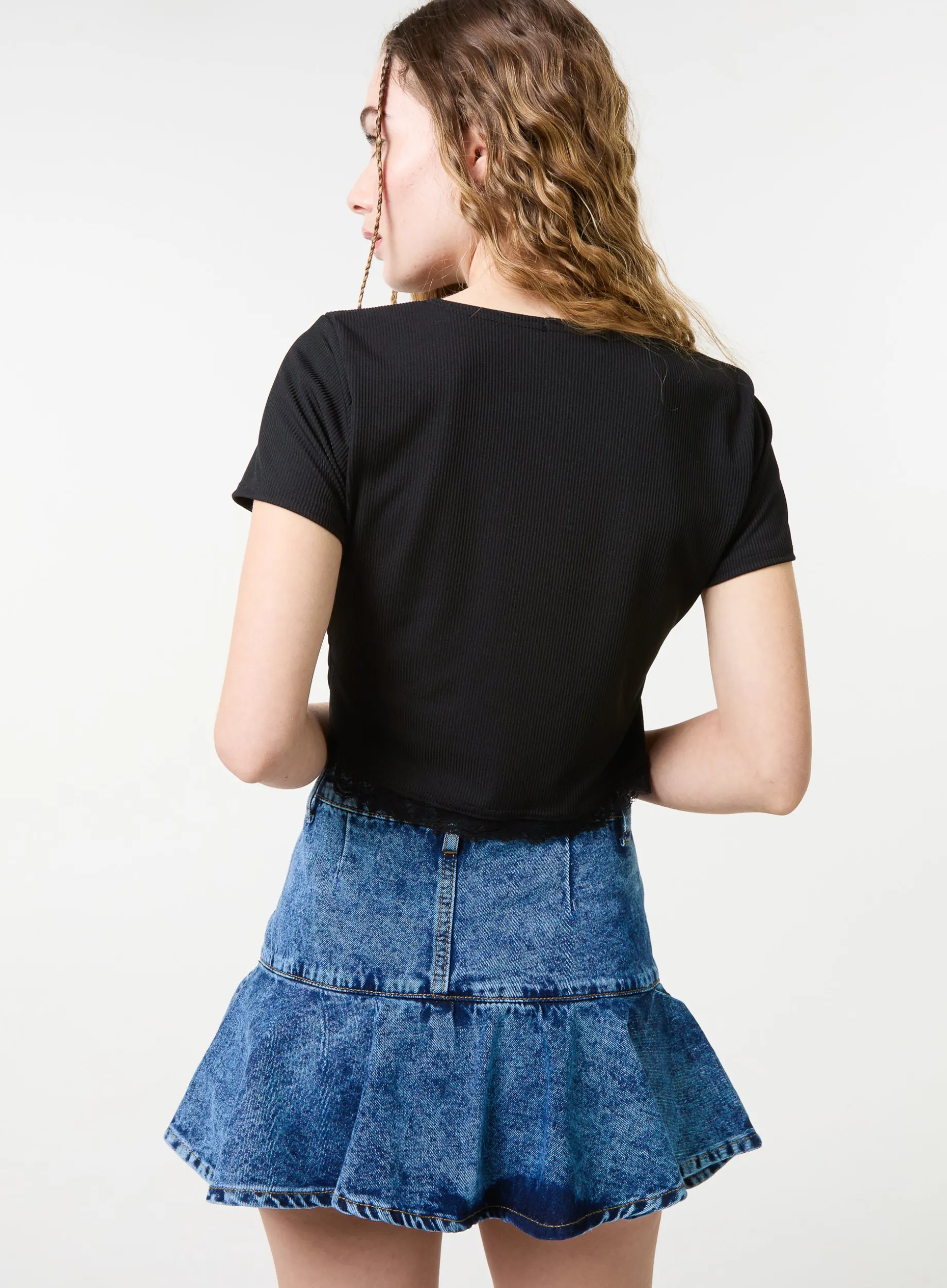 Ribbed Lace Tie Front Top