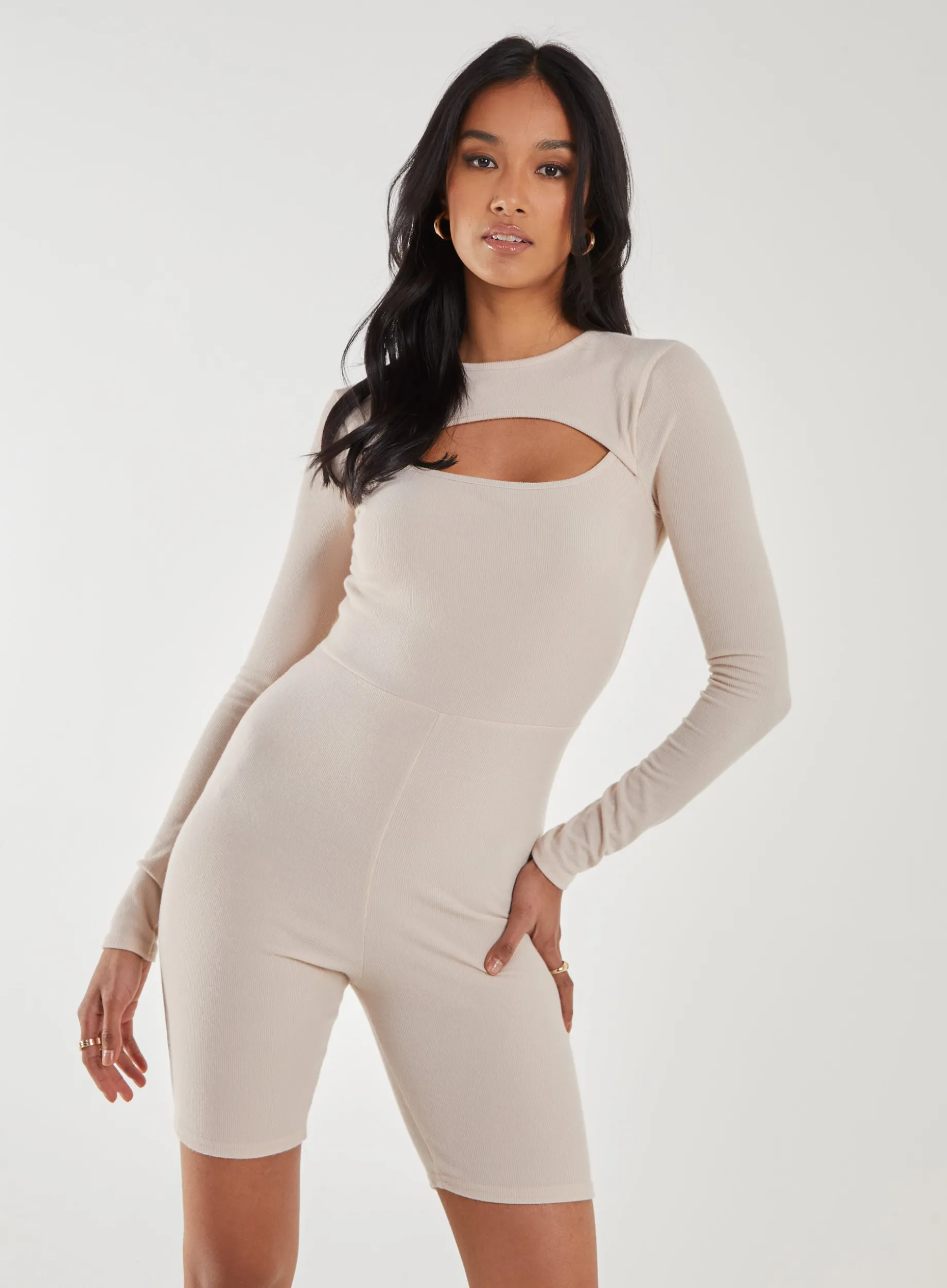 Ribbed Letterbox Long Sleeve Unitard With Cut Out Back