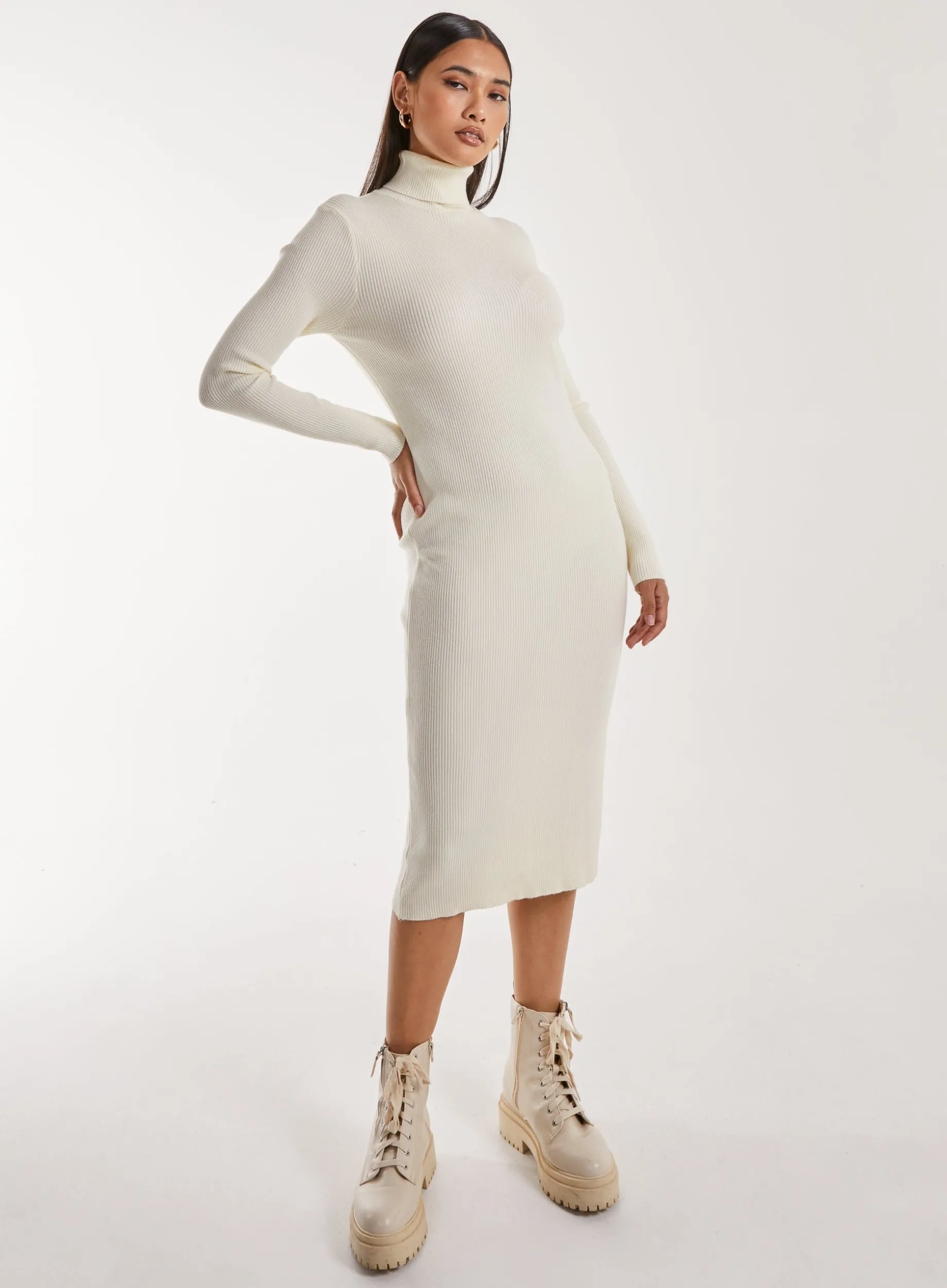 Ribbed Roll Neck Midi Dress