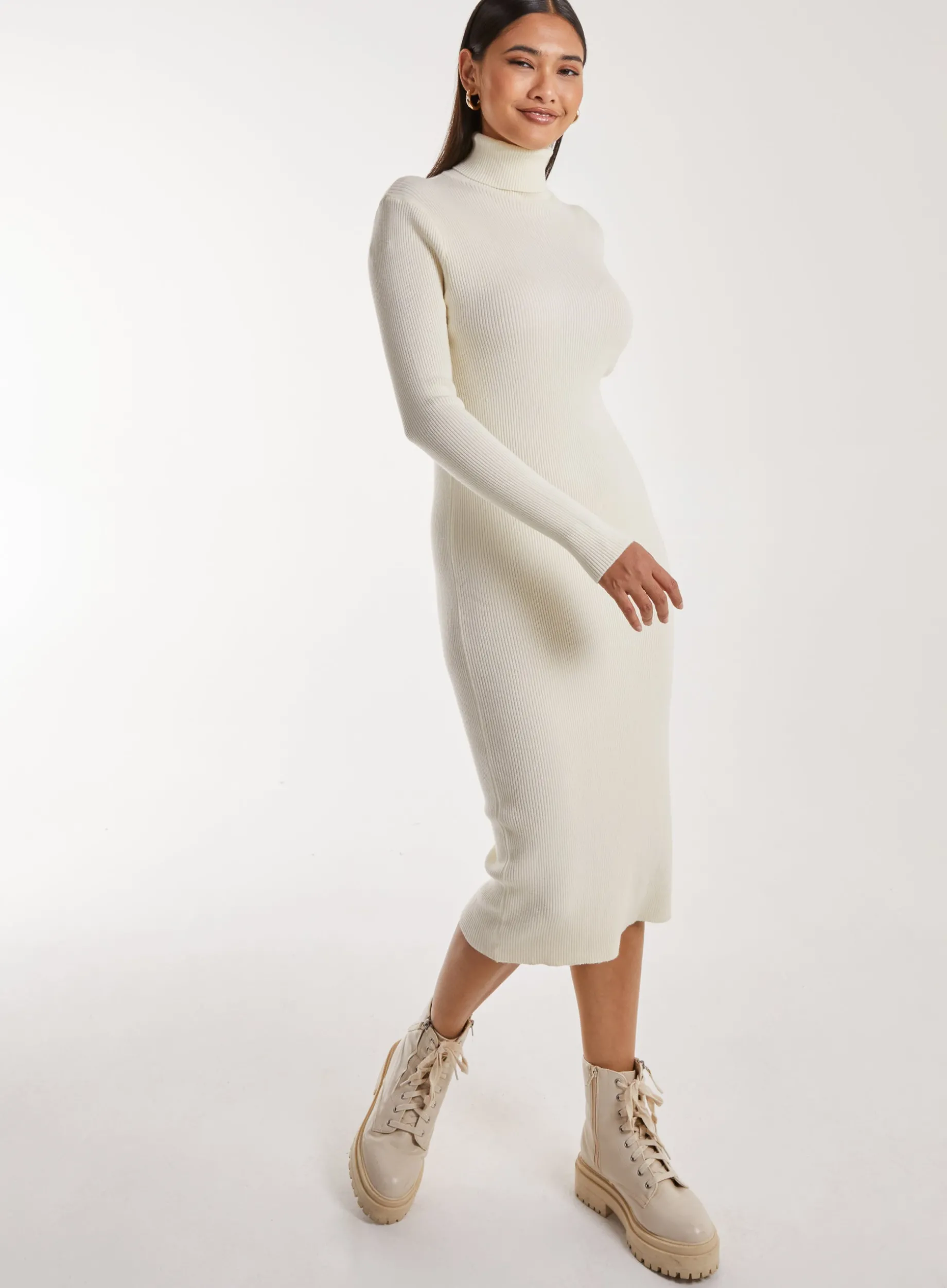 Ribbed Roll Neck Midi Dress