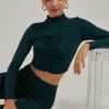 Shimmer Ruched Long Sleeve High Neck Top