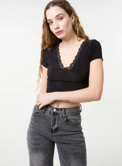 Slinky V Neck Top With Lace Trim