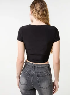 Slinky V Neck Top With Lace Trim