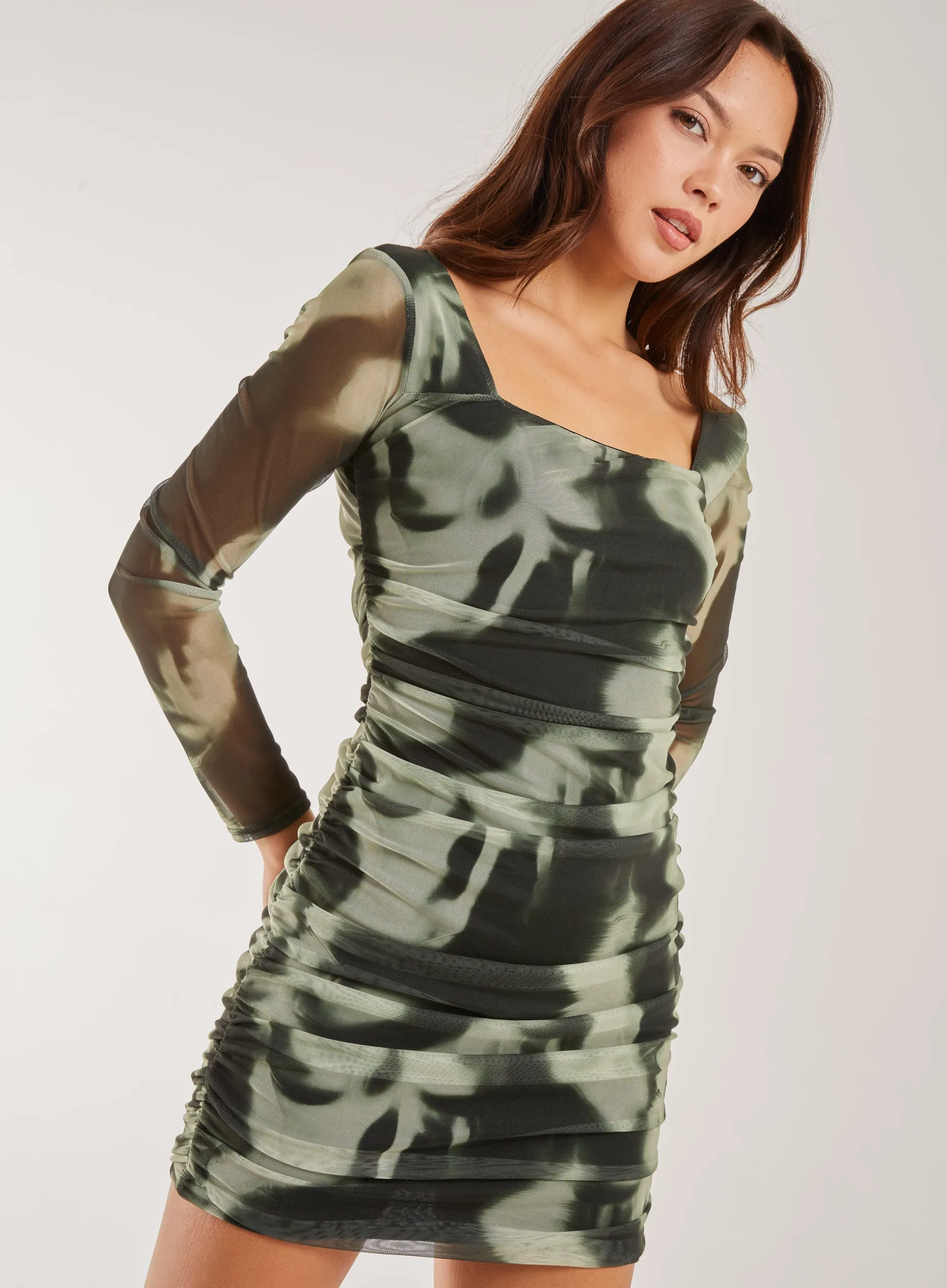 Smokey Print Long Sleeve Mesh Mini Dress