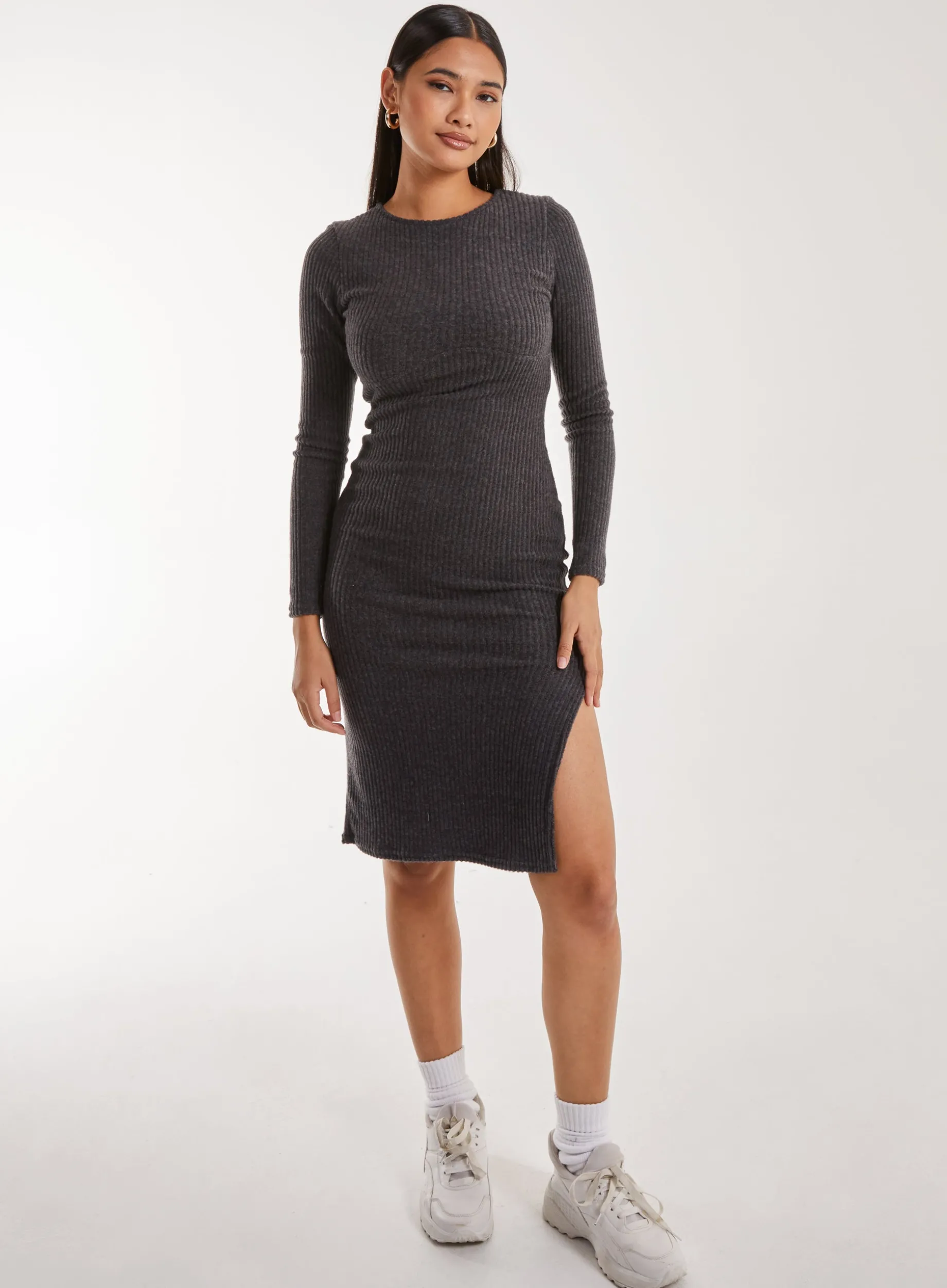Soft Brushed Rib Long Sleeve Midi Dress
