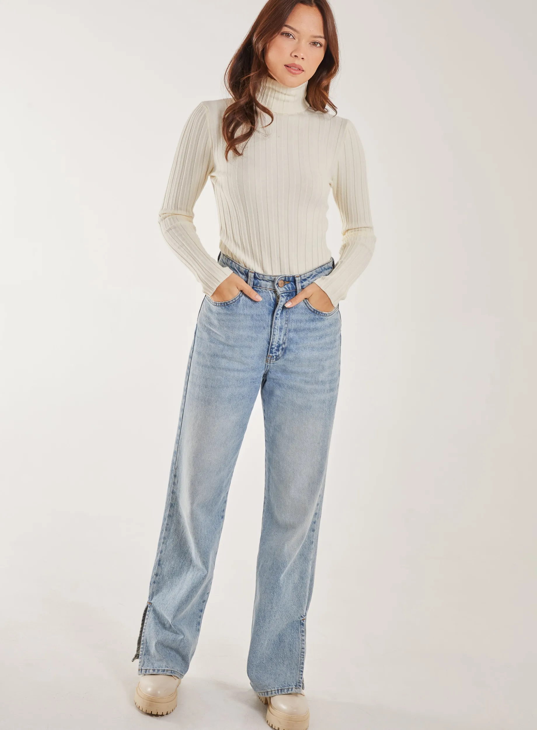 Soft Knit Wide Rib Roll Neck Top