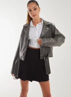 Stone Wash PU Biker Jacket