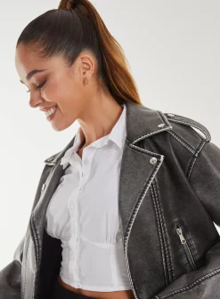 Stone Wash PU Biker Jacket