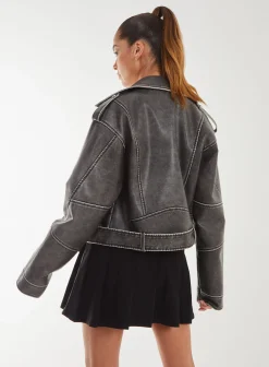 Stone Wash PU Biker Jacket