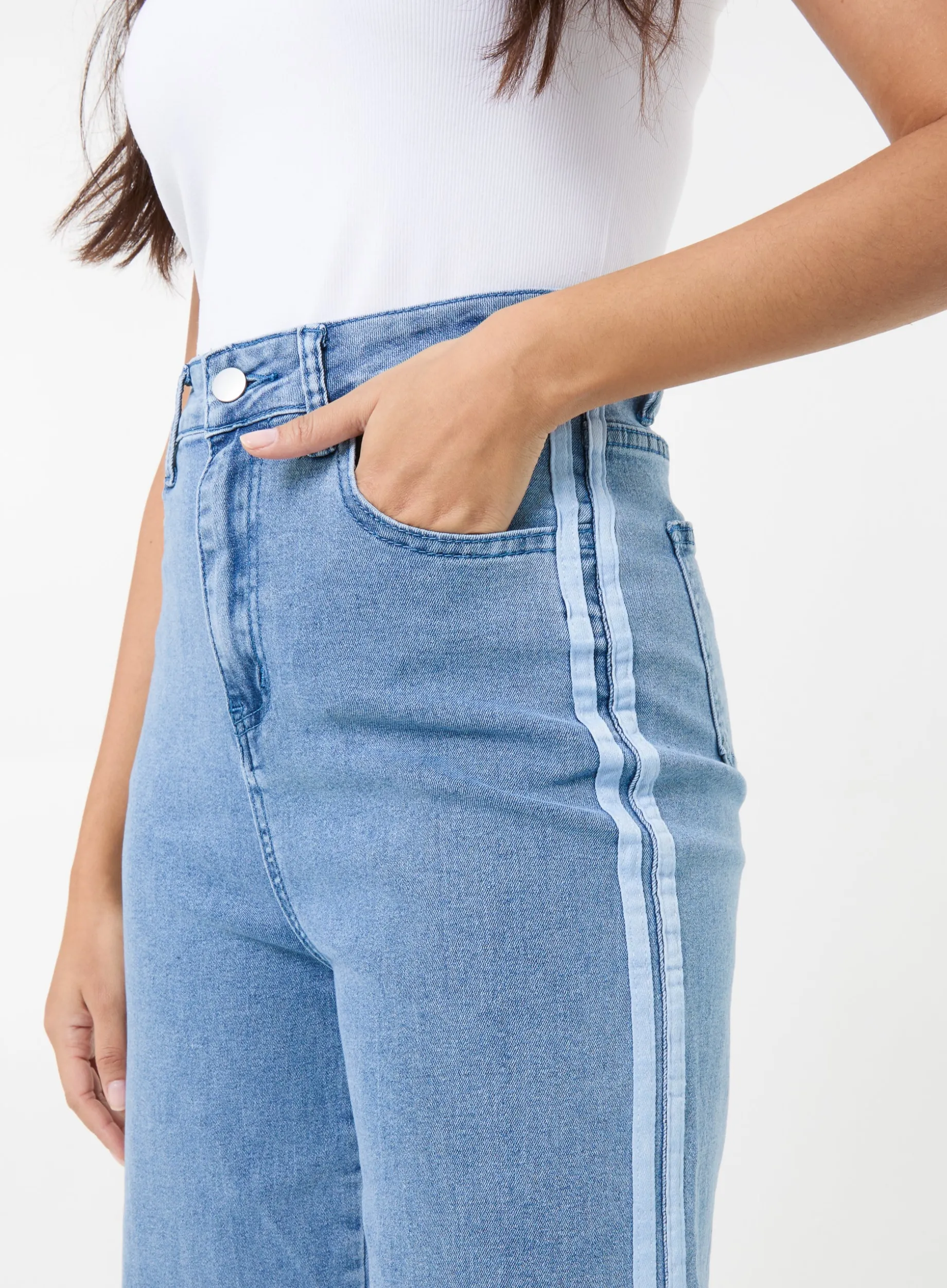 Stripe Detail Denim High Waist Jeans