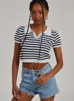 Striped Knitted Textured Polo Top