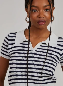 Striped Knitted Textured Polo Top