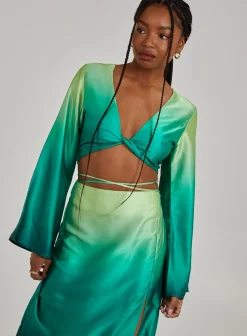 Twist Front Satin Long Sleeve Crop Top