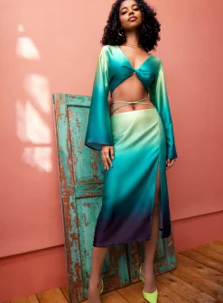 Twist Front Satin Long Sleeve Crop Top