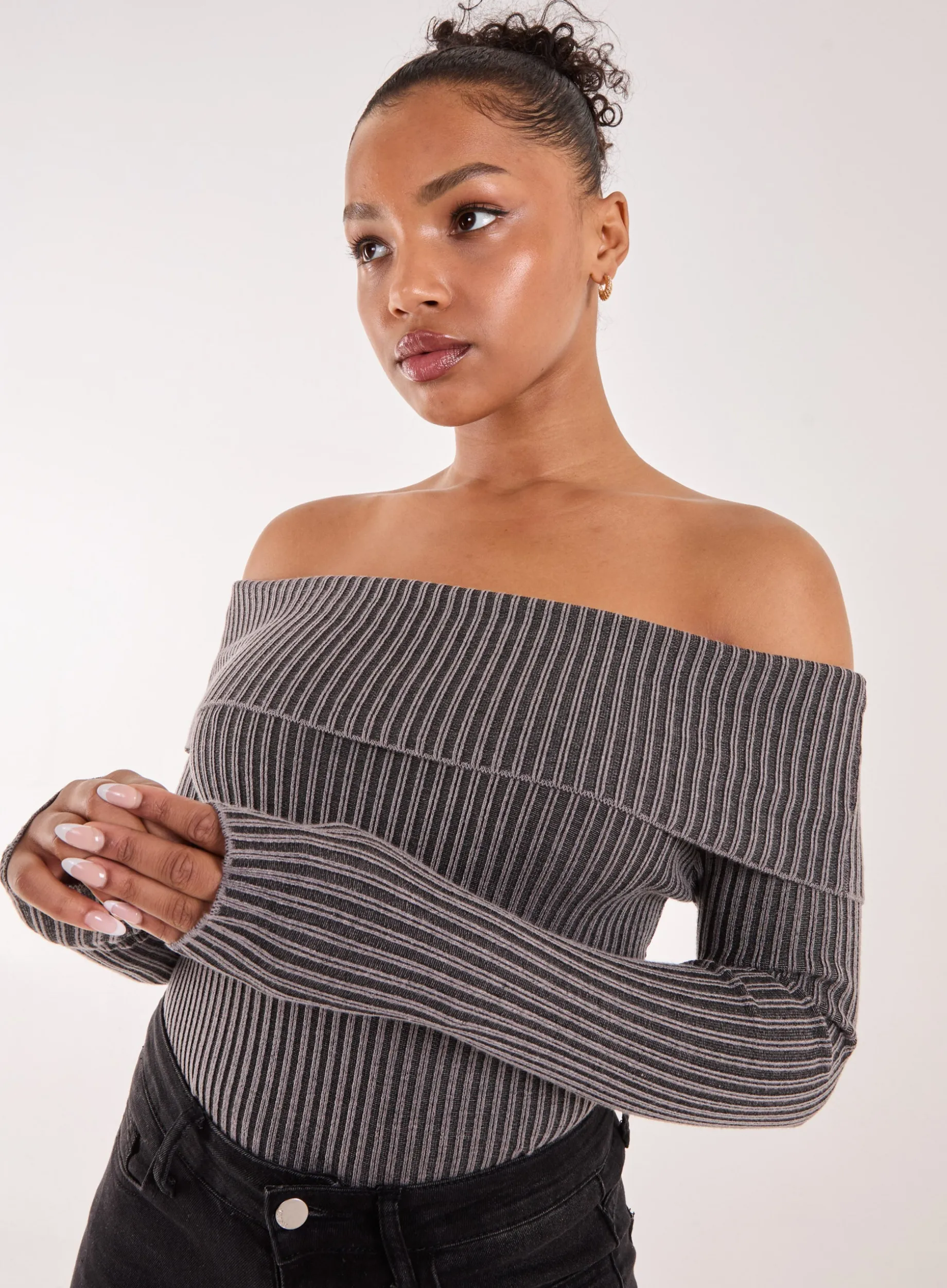 Two Tone Rib Bardot Top