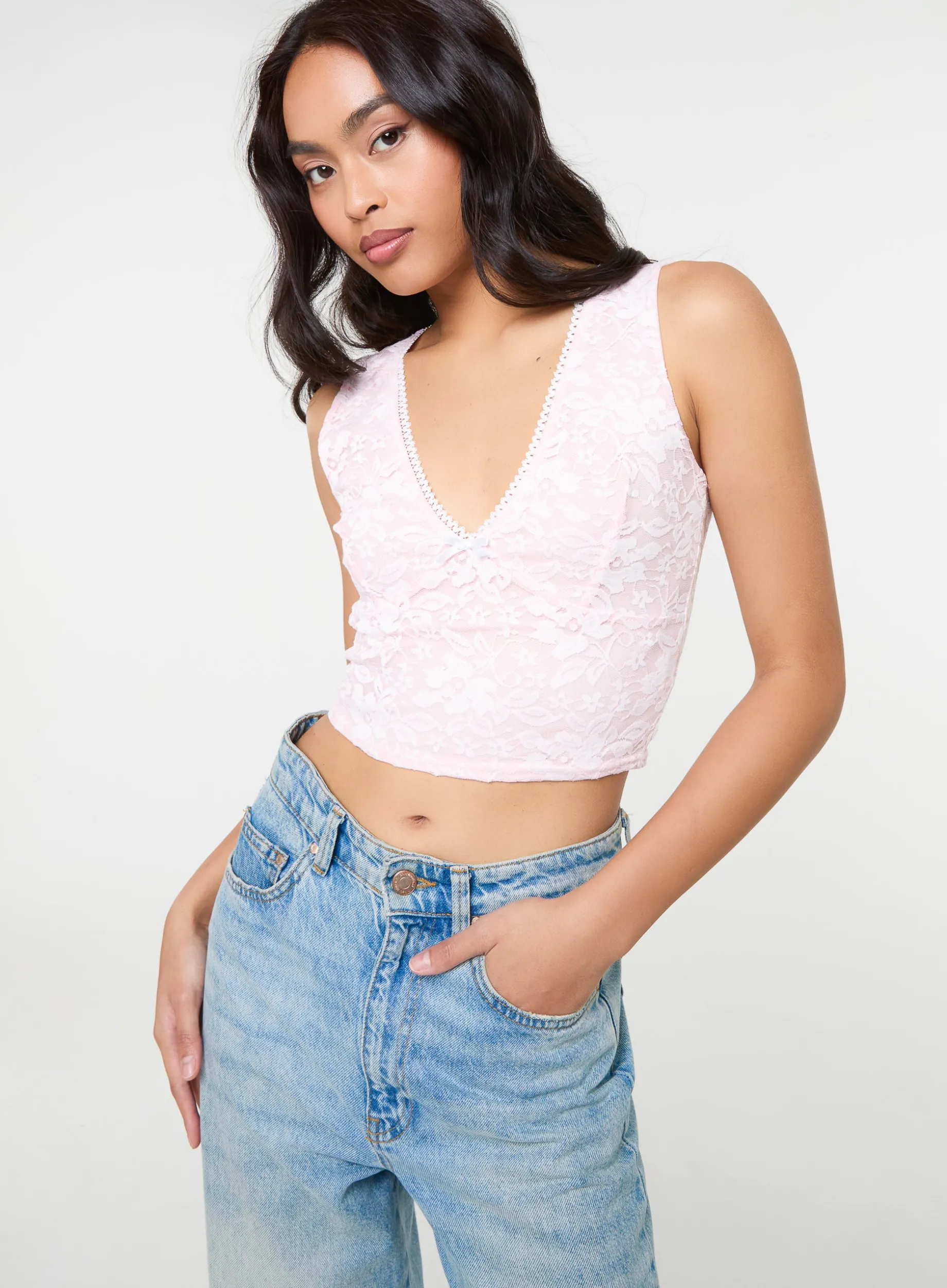 V Neck Lace Crop Top
