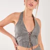 Washed PU Tie Detail Corset Top
